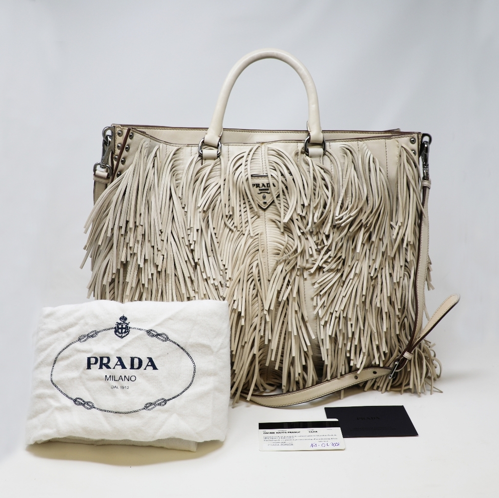 PRADA Nappa Fringe Hobo Bag - Cera (Off-White)